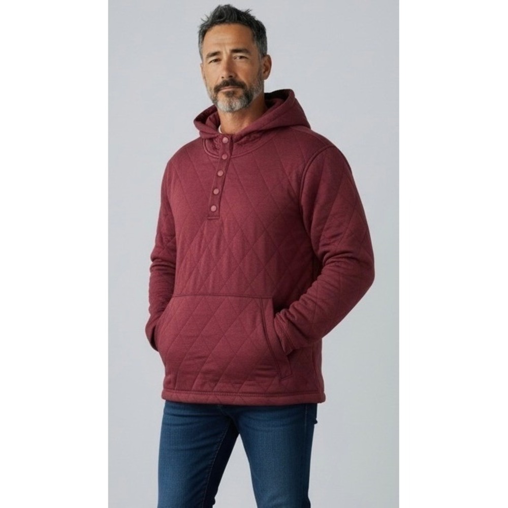 Lands End Mens Quilted Pullover Hoodie Burgundy Snap Neck Sweatshirt Medium NWT